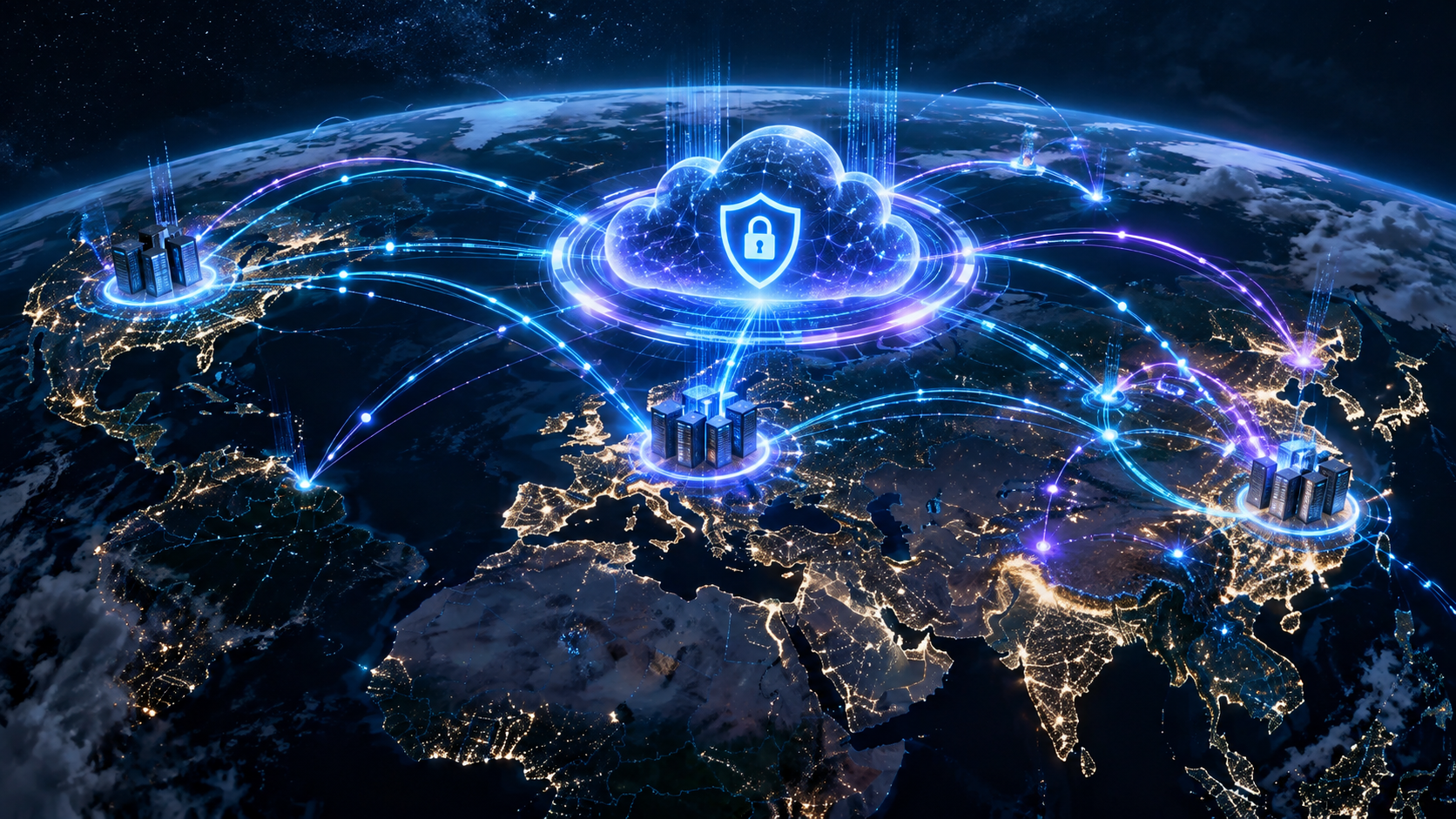 Globo digitale con connessioni cloud e rete di sicurezza globale per SASE e intelligenza artificiale